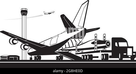 LKW mit Windturbinenflosse zum Frachtflugzeug - Vektordarstellung Stock Vektor