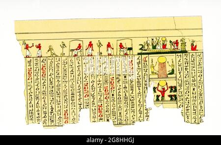 Die Bildunterschrift auf diesem Bild von 1804 lautet: „illustriertes Manuskript über Papyrus in Hieroglyphen“. Die beiden am häufigsten verwendeten Pigmente auf Papyri sind schwarz und rot. Die schwarze Tinte, die Sie am häufigsten sehen, wird zum Schreiben der Buchstaben der Hieroglyphen oder des hieratischen Textes verwendet und ist fast immer eine kohlenstoffschwarze Tinte. Das Rot wurde oft für Rubriken wie Titel und Überschriften verwendet, um sie vom Rest des Textes zu unterscheiden. Stockfoto