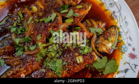 Gebratener Makrele (ikan sardin), gekocht mit würzigem Sambal-Chili und Zwiebeln mit Frühlingszwiebeln als Garnitur. Stockfoto