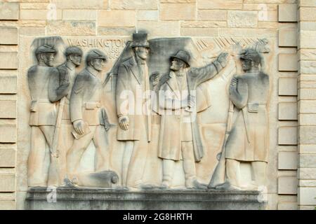 Skulptur mit Bas-Relief (Schnitzerei) im Besucherzentrum, Lincoln Boyhood National Memorial, Indiana Stockfoto