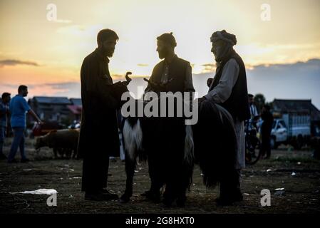 Srinagar, Indien. Juli 2021. Schafsverkäufer warten auf Kunden auf einem provisorischen Markt vor dem Heiligen Fest. Eid-ul-Adha wird am 21. Juli dieses Jahres in Indien und Pakistan beobachtet. In Saudi-Arabien wurde es heute am 20. Juli 2021 gefeiert. Es fällt in der Regel auf den zehnten Tag von Dhu al-Hijjah (der Monat der Pilgerfahrt für alle Muslime auf der ganzen Welt), der zwölften Monat des islamischen oder Mondkalenders Eid al-Adha. Kredit: SOPA Images Limited/Alamy Live Nachrichten Stockfoto