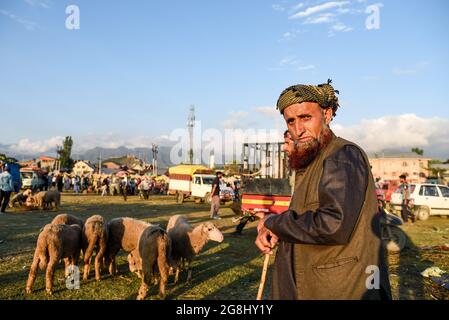 Srinagar, Indien. Juli 2021. Ein Händler wartet auf Kunden, während er Schafe auf einem provisorischen Markt vor dem Heiligen Fest verkauft. Eid-ul-Adha wird am 21. Juli dieses Jahres in Indien und Pakistan beobachtet. In Saudi-Arabien wurde es heute am 20. Juli 2021 gefeiert. Es fällt in der Regel auf den zehnten Tag von Dhu al-Hijjah (der Monat der Pilgerfahrt für alle Muslime auf der ganzen Welt), der zwölften Monat des islamischen oder Mondkalenders Eid al-Adha. Kredit: SOPA Images Limited/Alamy Live Nachrichten Stockfoto