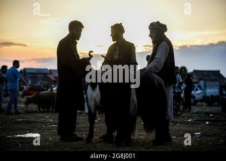 Srinagar, Indien. Juli 2021. Schafsverkäufer warten auf Kunden auf einem provisorischen Markt vor dem Heiligen Fest. Eid-ul-Adha wird am 21. Juli dieses Jahres in Indien und Pakistan beobachtet. In Saudi-Arabien wurde es heute am 20. Juli 2021 gefeiert. Es fällt in der Regel auf den zehnten Tag von Dhu al-Hijjah (der Monat der Pilgerfahrt für alle Muslime auf der ganzen Welt), der zwölften Monat des islamischen oder Mondkalenders Eid al-Adha. (Foto von Idrees Abbas/SOPA Images/Sipa USA) Quelle: SIPA USA/Alamy Live News Stockfoto