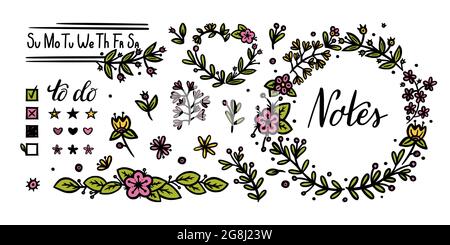 Bullet Journal Blumen- und Textelemente zur Dekoration. Blumenteiler und handschriftliche Kalligraphie für Tagebuchdesigns. Doodle-Vektor-Illustration Stock Vektor