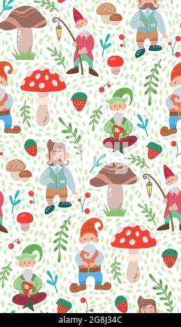 Einfaches, leichtes Kindermuster mit Gnomen, Natur- und Doodle-Verzierungen. Textur mit Leprechaunen, Laub, Pilzen und Beeren auf weißem Backgroun Stock Vektor