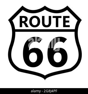 SCHILD US Route 66. Schild mit Routennummer und Textsymbol. USA nummerierte Route. Flacher Stil. Stockfoto