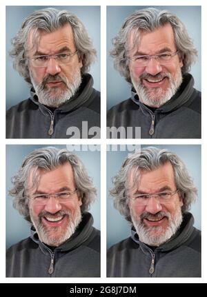 Vier Gesichtsprofilbilder in einem. Alter Mann mittleren Alters mit grauen, mittellangen Haaren. Und der lächelt und sieht ernst aus. Diese Personen existieren nicht. Stockfoto