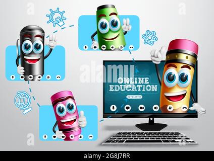 Online-Bildung virtuelle Klasse Meeting Vektor-Design. Online-Bildungstext auf dem Computerbildschirm mit Schulcharakteren für Live-Videokonferenz zum Studium. Stock Vektor