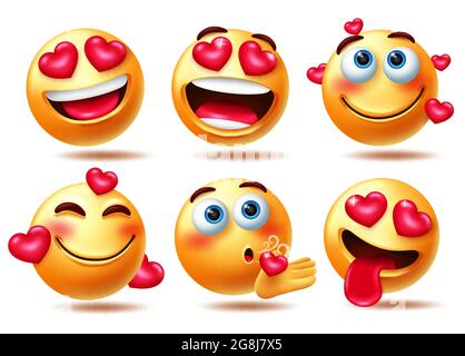 Smileys lieben Emoticon Vektor-Zeichensatz. Smiley in Love 3d-Emoji-Charaktere mit Herzen-Element in glücklichen und fliegenden Kuss Mimik. Stock Vektor