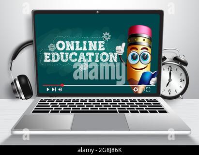 Online-Bildung Video Vektor-Design. Online-Bildungstext auf einem Laptop-Schwarzen Brett mit Schullehrercharakter für virtuelle Klassenbesprechung. Stock Vektor