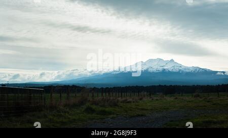 Der schneebedeckte Mt Ruapehu unter den stürmischen Wolken mit Farmzaun und Tor im Vordergrund, Blick von der Desert Road, North Island Stockfoto