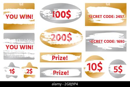 Rubbelkarten Spiel gewinnen Form gesetzt Symbole auf weißem Hintergrund isoliert. Vektorobjekte Stern, Herz, Rechteck, Quadrat, Oval, Kreisförmige Pinselstreichstruktur. Lotterie Glück verlieren gewinnen Ticket Text Stock Vektor