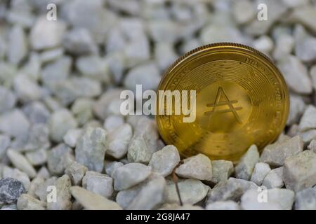 Einzelne goldglänzende ada-Münze aus cardano-Währung, rechts in einer Kiesfront stehend Stockfoto