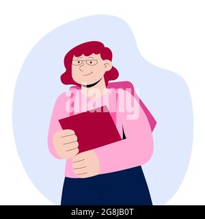 Studentin mit Rucksack, der Notebook hält. Porträt eines Schülers mit Schultasche und Arbeitsbuch. Flache Vektor-Cartoon-Illustration auf blauem Hintergrund Stock Vektor