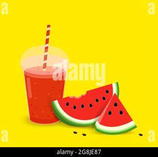Wassermelone-Smoothie in einem Plastikbecher. Realistisches Kunststoffglas mit rotem Saft oder Smoothies und Stroh. Vektorgrafik auf gelbem Hintergrund. Stock Vektor