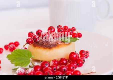 Syrniki Quark-Krapfen mit Sommerbeeren auf weißem Teller, Holztisch Hintergrund. Süßes russisches Frühstück, Käsepfannkuchen. Stockfoto