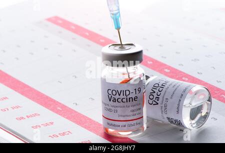 Im Kalender Spritze mit Behälter mit epidemischer Impfung. Stockfoto