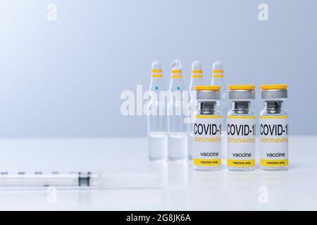 Impfstoff in Glasfläschchen mit Spritze auf einem Tisch. Impfung und medizinisches Konzept. Stockfoto