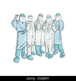 Fünf Personen in psa-Anzug mit Daumen nach oben von Hand gezeichnet mit schwarzen Linien isoliert auf weißem Hintergrund Illustrationsvektor Stock Vektor