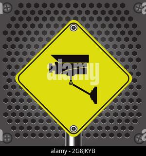 Professionelle CCTV-Kamera. Outdoor-Videosystem. Gelbes Warnschild. Outdoor-Videosystem Stock Vektor