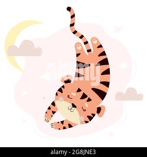 Niedlicher schlafender Tiger vor dem Hintergrund von Himmel, Mond und Wolken. Vektorgrafik. Kinderkollektion im skandinavischen Stil für Design Stock Vektor