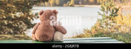 Der Teddybär umarmt den Hasen, der am Herbsttag auf einer grünen Bank am Ufer des ruhigen Sees sitzt. Stockfoto