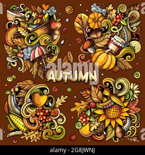 Herbst Cartoon Vektor Doodle Designs Set. Stock Vektor