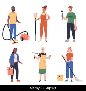 Hausarbeit Reinigung, Männer und Frauen tun Aufgaben. Stock Vektor