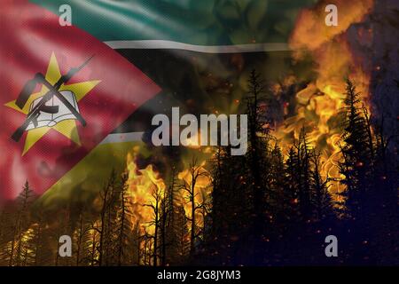 Waldbrandbekämpfungskonzept, Naturkatastrophe - flammendes Feuer im Wald auf Mosambik Flagge Hintergrund - 3D-Darstellung der Natur Stockfoto