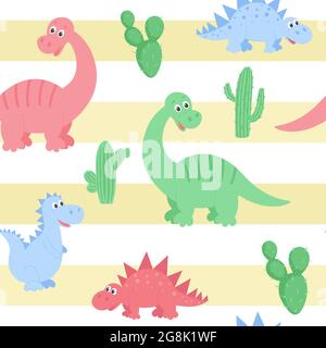 Dinosaurier-Muster mit Kakteen auf dem Hintergrund von Sandstreifen, Vektorgrafik. Hintergrund mit niedlichen Dino für Kinder Tapete, Verpackung, fabri Stock Vektor