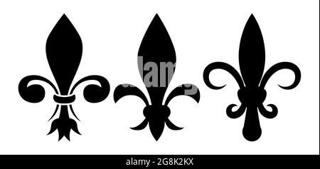 Vektorset mit heraldischen Symbolen. Drei einzigartige schwarze Silhouetten aus Lilienblumen. Schlichtes elegantes Fleur-de-LIS-Symbol auf weißem Hintergrund. Stock Vektor