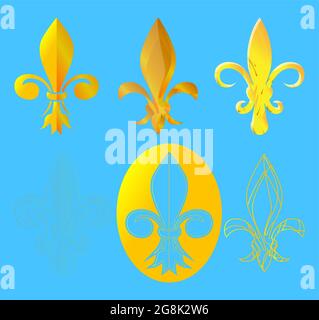 Vektor-Set aus goldenem heraldischen Symbol. Sechs einzigartige gelbe Lilienblüten. Schlichtes elegantes Fleur-de-LIS-Symbol auf blauem Hintergrund. Stock Vektor