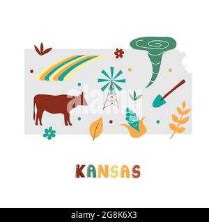 USA-Kartensammlung. Staatssymbole und Natur auf grauer State Silhouette - Kansas. Cartoon-Stil für den Druck Stock Vektor