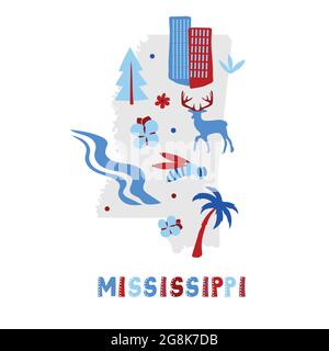 USA-Kartensammlung. Staatssymbole und Natur auf grauer State Silhouette - Mississippi. Cartoon-Stil für den Druck Stock Vektor