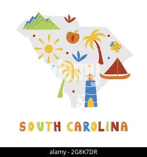 USA-Kartensammlung. Staat Symbole und Natur auf grauen Zustand Silhouette - South Carolina. Cartoon-Stil für den Druck Stock Vektor