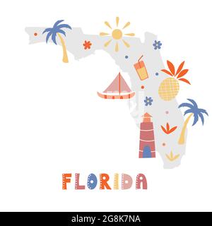 USA-Kartensammlung. Staat Symbole und Natur auf grauen Zustand Silhouette - Florida. Cartoon-Stil für den Druck Stock Vektor