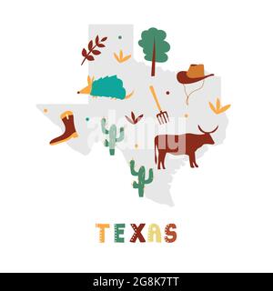 USA-Kartensammlung. Staat Symbole und Natur auf grauen Zustand Silhouette - Texas. Cartoon-Stil für den Druck Stock Vektor