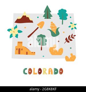 USA-Kartensammlung. Staatssymbole und Natur auf grauer State Silhouette - Colorado. Cartoon-Stil für den Druck Stock Vektor