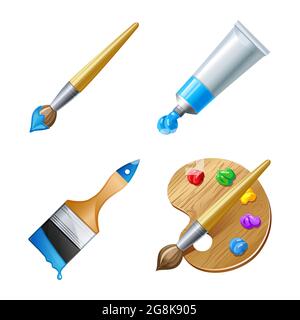 Holzkunstpalette mit Farben und Pinsel Stock Vektor