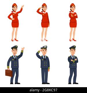 Flugzeugpilot und Stewardess in verschiedenen Posen. Männliche und weibliche Charaktere im Cartoon-Stil. Stock Vektor