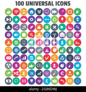 100 Universelle Symbole. Simplus-Serie. Jedes Symbol ist ein einzelner zusammengesetzter Objektpfad Stock Vektor