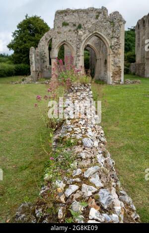 Die Ruinen der Abtei von Creake in der Nähe des Dorfes North Creake im ländlichen Norden Norfolks, East Anglia. Wilde Baldrian-Blumen im Vordergrund. Stockfoto