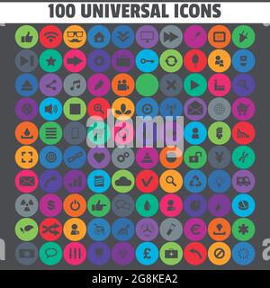 100 Universelle Symbole. Simplus-Serie. Jedes Symbol ist ein einzelner zusammengesetzter Objektpfad Stock Vektor