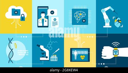 Symbole für Innovationen und Forschung im Gesundheitswesen und in der Medizin Stock Vektor