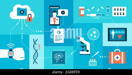 Innovatives Gesundheitswesen, medizinische Forschung und Technologie: Netzwerk medizinischer Daten und Anwendungen Stock Vektor