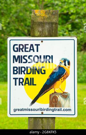 Schild mit dem Great Missouri Birding Trail, Pershing State Park, Missouri Stockfoto