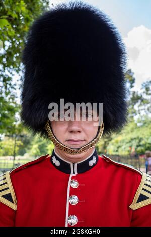 London, Großbritannien. 21. Juli 2021. Ein Mitglied der massierten Bands der Haushaltsabteilung trifft die Öffentlichkeit bei der Horse Guards Parade, bei der das Schwert und die Krone gefördert wird, ein musikalisches Spektakel der jährlichen Haushausdivision, die in der Horse Guards Parade in ihrer neuen Umgebung das Retreat schlägt. Ihre Königliche Hoheit Prinzessin Royal, Oberst der Blues & Royals, wird am 22. Juli anwesend sein. Kredit: Stephen Chung / Alamy Live Nachrichten Stockfoto