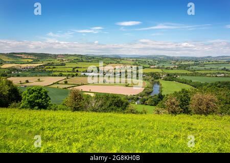 Blick über den Fluss Wye nach Wales von Coppet Hill, Gloucestershire, Großbritannien. Stockfoto