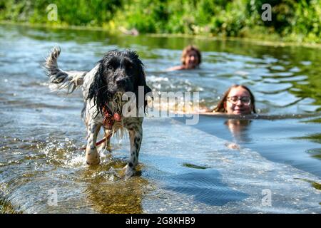 Die Menschen genießen das Wasser in Warleigh Weir am Fluss Avon in der Nähe von Bath in Somerset, während die Temperaturen über das Vereinigte Königreich steigen. Stockfoto
