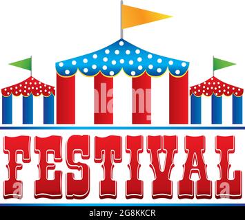 Festival-Logo mit roten und blauen Zelten mit Punkten und Flaggen auf der Oberseite Stock Vektor